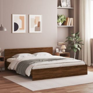 Каркас кровати со светодиодной подсветкой и изголовьем, коричневый дуб, 200 x 200 см