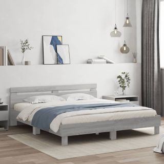 Каркас кровати со светодиодной подсветкой и изголовьем, серый дуб Сонома, 160 x 200 см