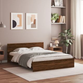 Каркас кровати со светодиодной подсветкой и изголовьем, коричневый дуб, 160 x 200 см