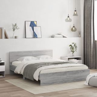 Каркас кровати со светодиодной подсветкой и изголовьем, серый дуб Сонома, 160 x 200 см