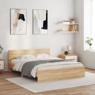 Каркас кровати со светодиодной подсветкой и изголовьем, дуб Сонома, 150x200 см