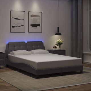 voodiraam LED-tuledega, hall, 140 x 200 cm, kunstnahk