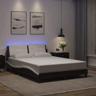 voodiraam LED-tuledega, must ja valge, 140 x 200 cm, kunstnahk