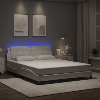 voodiraam LED-tuledega, valge, 160 x 200 cm, kunstnahk