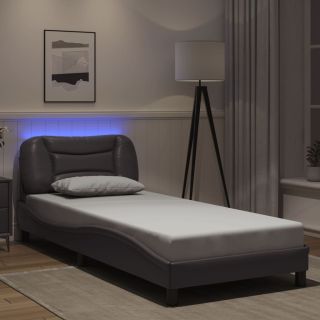 voodiraam LED-tuledega, hall, 90 x 190 cm, kunstnahk