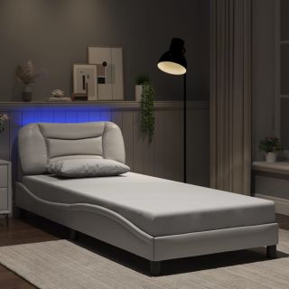 voodiraam LED-tuledega, valge, 90 x 190 cm, kunstnahk