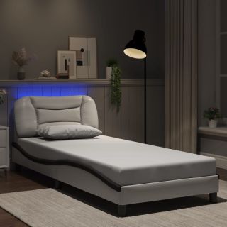 voodiraam LED-tuledega, valge ja must, 90 x 190 cm, kunstnahk