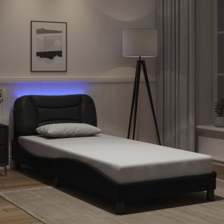 voodiraam LED-tuledega, must, 90 x 200 cm, kunstnahk