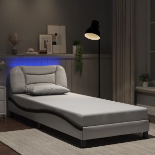 voodiraam LED-tuledega, valge ja must, 90 x 200 cm, kunstnahk