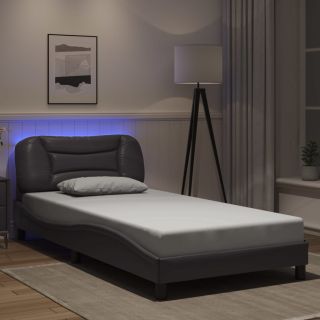 voodiraam LED-tuledega, hall, 100 x 200 cm, kunstnahk