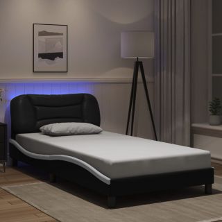 voodiraam LED-tuledega, must ja valge, 100 x 200 cm, kunstnahk