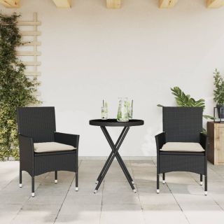 3-osaline bistrookomplekt patjadega, must, polürotang ja klaas