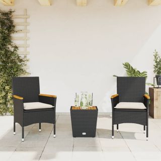 3-osaline bistrookomplekt patjadega, must, polürotang ja klaas