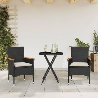 3-osaline bistrookomplekt patjadega, must, polürotang ja klaas