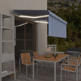käsitsi sissetõmmatav varikatus ruloo&LED,3,5x2,5m sinine/valge