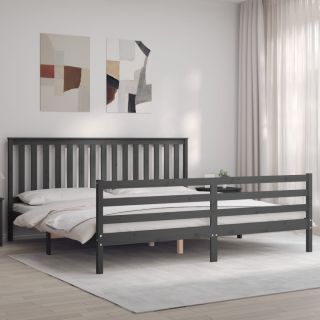 каркас кровати с изголовьем, серый, 200 x 200 см, массив дерева