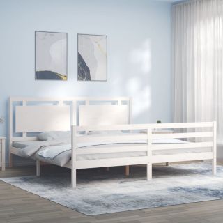 каркас кровати с изголовьем, белый, 200 x 200 см, массив дерева
