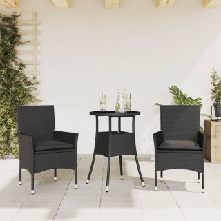 3-osaline aiamööbli komplekt patjadega, must, polürotang/klaas