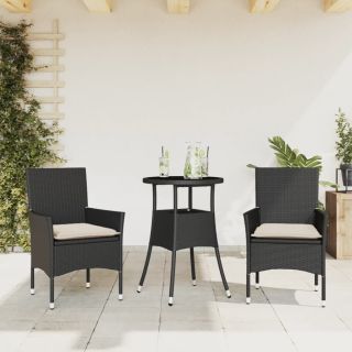 3-osaline aiamööbli komplekt patjadega, must, polürotang/klaas