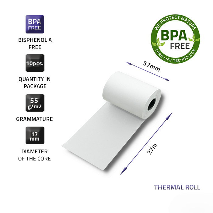 Qoltec Thermal roll 57 x 27 | 55g / m2 | 10 pcs. | BPA free