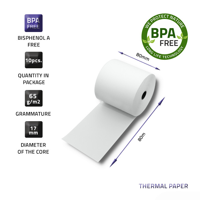 Qoltec Thermal roll 80 x 80 | 65g/m2 | 10pcs | BPA free