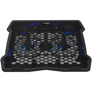 CANYON NS03, Охлаждающая подставка с двумя вентиляторами и 2x2.0 USB-хабом, поддержка ноутбуков 10-15.6, ABS пластик и железо, Размеры вентиляторов: 125*125*15мм (2шт), DC 5В, скорость вращения вентиляторов: 800-1000 об/мин, размер: 340*265*30мм, 435г