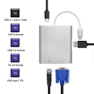 Qoltec Hub Adapter USB-C 3.1 4in1 | USB 3.0 | VGA | RJ45 | USB-C PD 92W