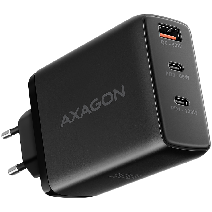 AXAGON ACU-DPQ100 GaN Сетевое зарядное устройство, 3 порта (USB + dual USB-C), PD3.0/QC4+/PPS/Apple, 100Вт, черный