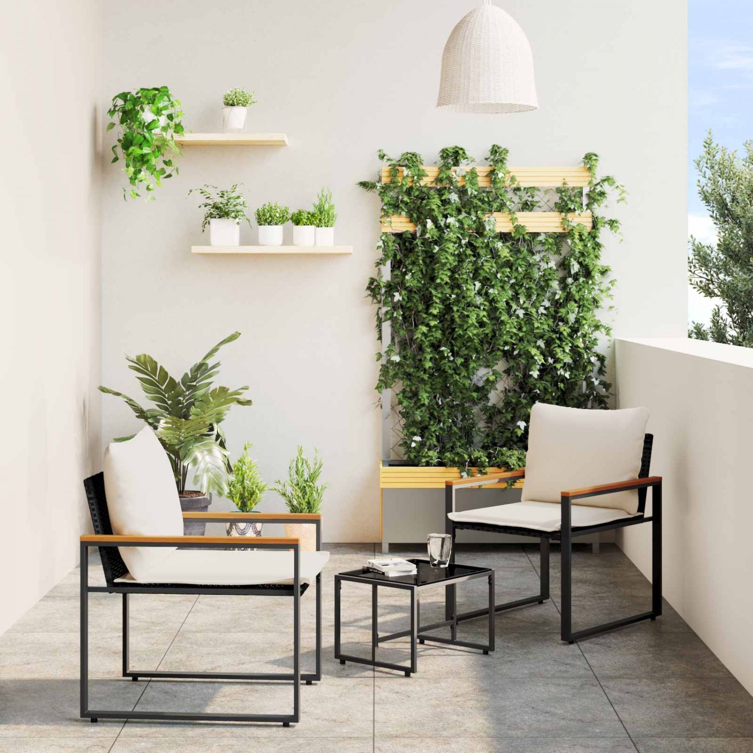 Mööblisete padjaga 3 pcs Must ja kreemvalge Rotang