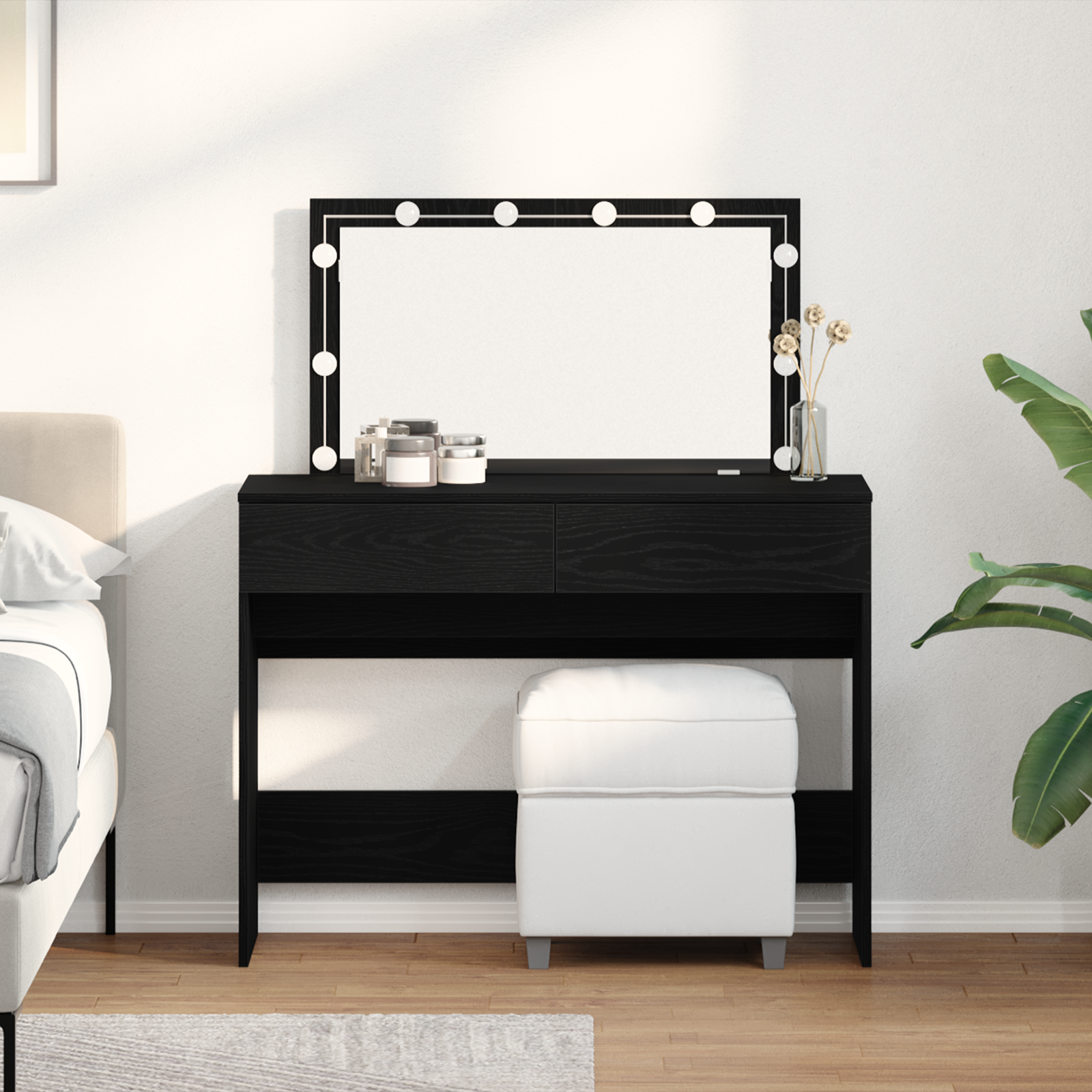 LED-valgustusega tualettlaud, must tamm, 100x40x120 cm