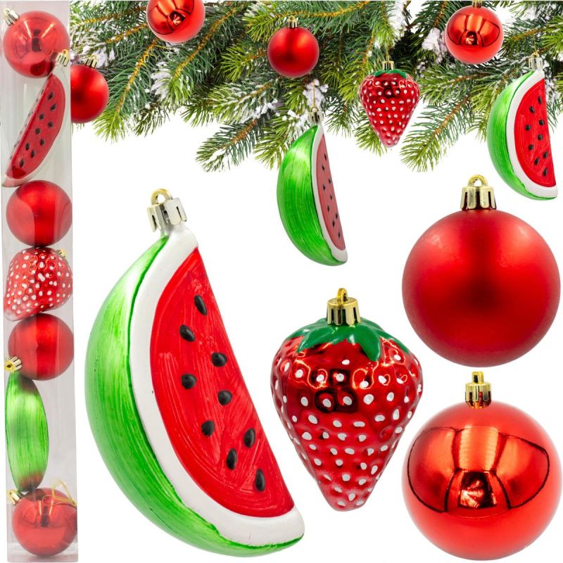DECORATIVE PLASTIC BAUBLE SAFE 7 PCS STRAWBERRY WATERMELON