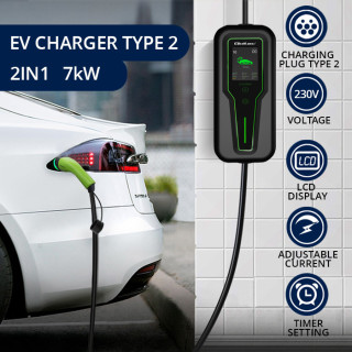 Qoltec Mobile charger for EV with regulation 2-in-1 type2 | 7kW | 230V | CEE 3 PIN | LCD | Portable | Wallbox | 5m