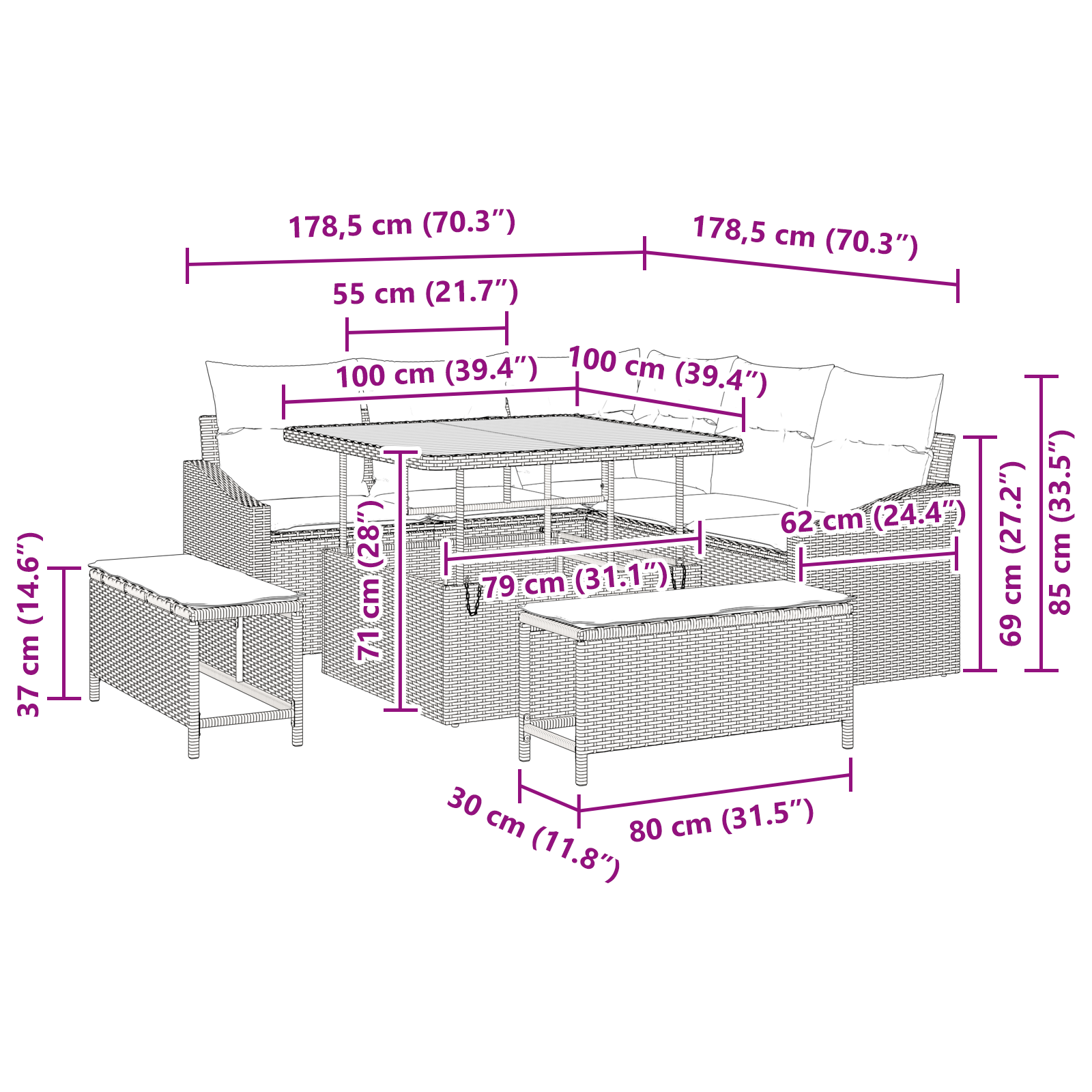 Aia Diivanikomplekt 8 pcs Bež, helehall 100 x 100 x 71 cm