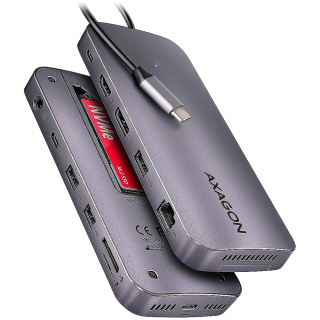 AXAGON Multiport USB-C 10Gbps хаб. NVMe/SATA M.2, HDMI и DisplayPort. Кабель USB-C 50 см.