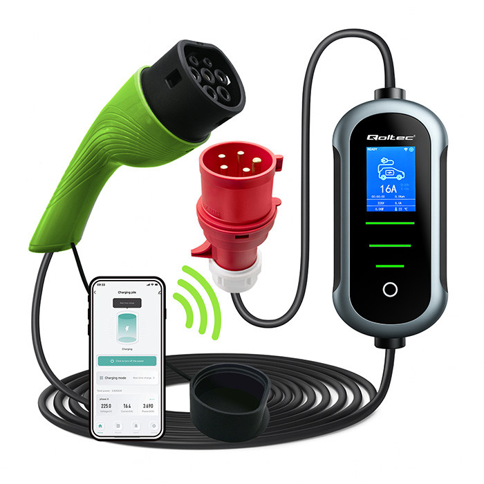 Qoltec Mobile EV Electric Car Charger with 2-in-1 Type 2 Adjustment | 22kW | 400V | Wi-fi | TUYA | SMART LIFE | LCD | Portable | 7m