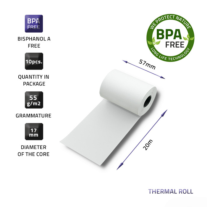 Qoltec Thermal roll 57 x 20 | 55g / m2 | 10 pcs. | BPA free
