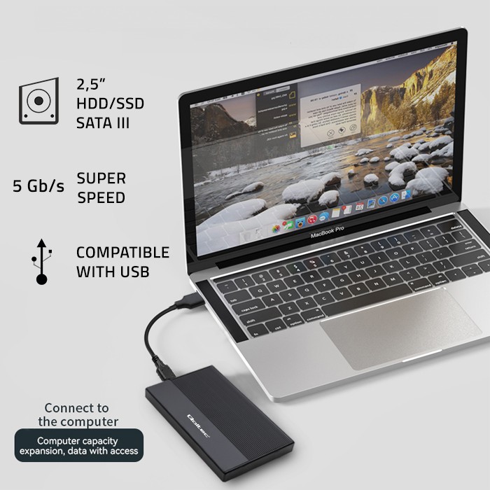 Qoltec Aluminium Enclosure | SSD HDD 2.5'' drive | SATA | USB 3.0 | Super speed 5Gb/s | 2TB | Black
