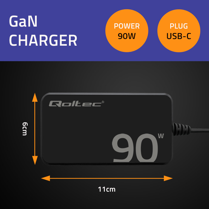 Qoltec 90W GaN Super Fast SLIM power charger | PD | 5-20V | 4.5A | USB-C 3.1 | Laptop | MacBook | Smartphone | + cable