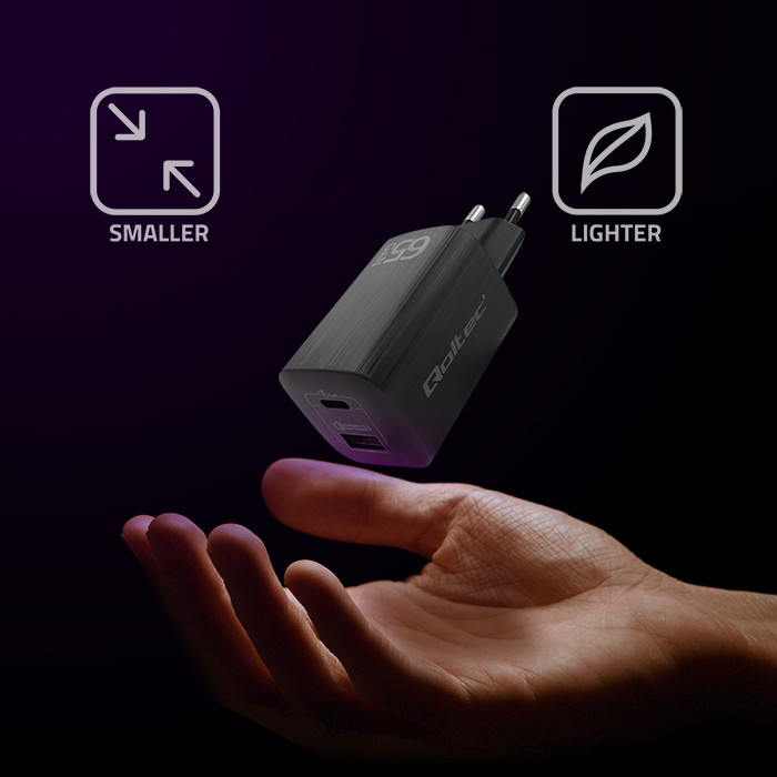 Qoltec GaN ULTRA 65W charger| 5-20V | 2.25-3.25A | 1 x USB type C PD | 1x USB QC 3.0 | Laptop | Smartfon | Black