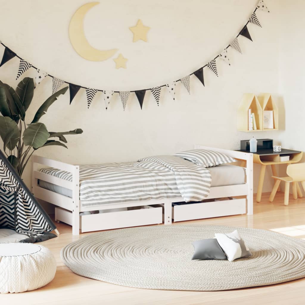 Lastevoodi raam sahtlitega, valge, 80 x 160 cm, männipuit