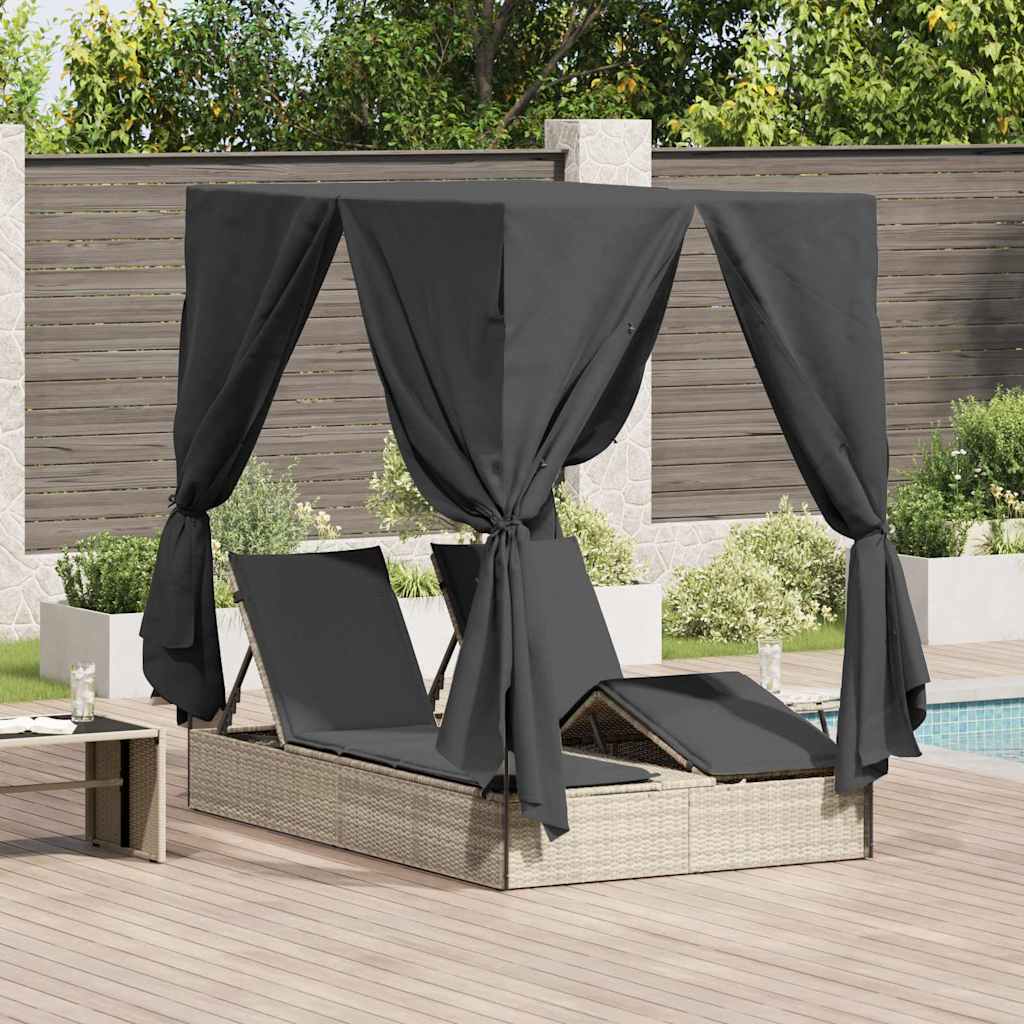 Двойной лежак с балдахином и шторами, светло-серый полиротанг