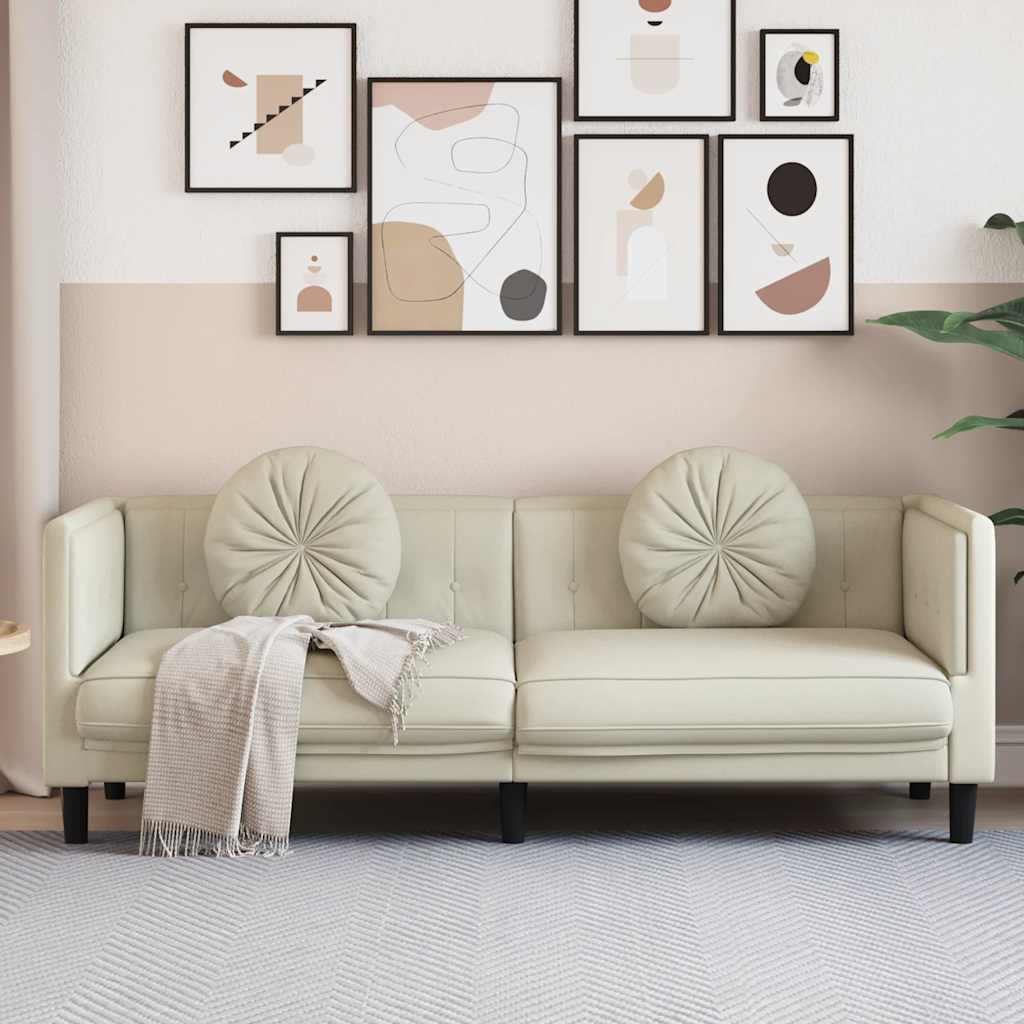 Трехместный диван с подушками, кремовый, бархат