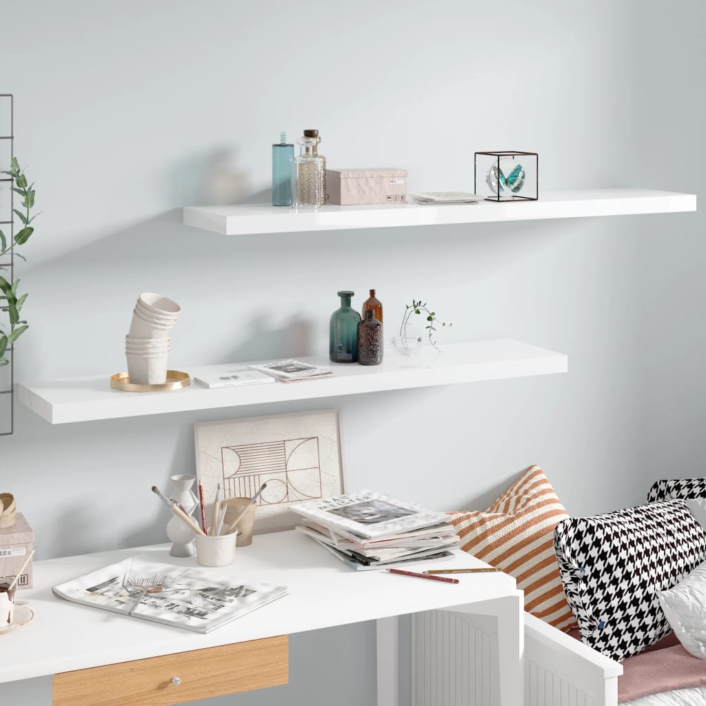 Настенные полки, 2 шт, глянцевый белый, 120x23,5x3,8 см МДФ