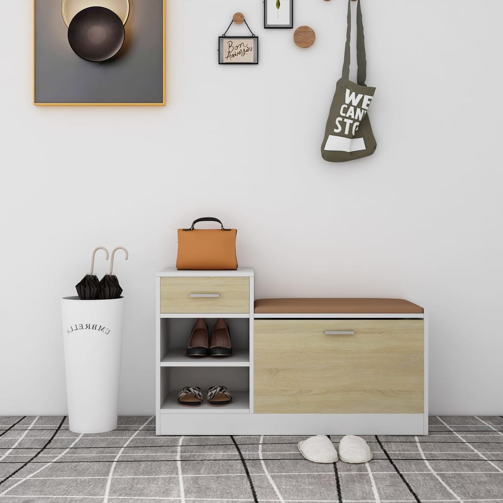 Банкетка для обуви, белая и дуб Сонома, 94,5x31x57 см, искусственное дерево