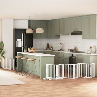 kokkupandav koeravärav uksega, 9 paneeli, valge 450 cm, pappel