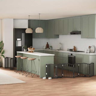 kokkupandav koeravärav uksega, 15 paneeli, must 750 cm, pappel