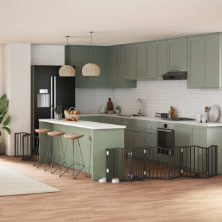 kokkupandav koeravärav uksega, 9 paneeli, must 450 cm, pappel