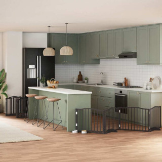 kokkupandav koeravärav uksega, 12 paneeli, must 960 cm, pappel