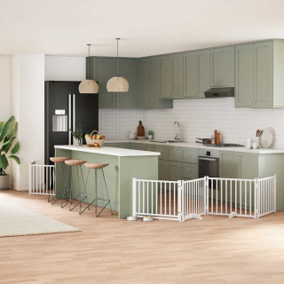 kokkupandav koeravärav uksega, 10 paneeli, valge 800 cm, pappel