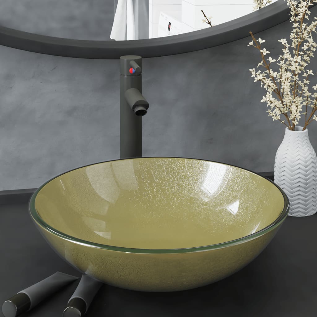 vannitoavalamu kraani ja äravoolupesaga, kuldne